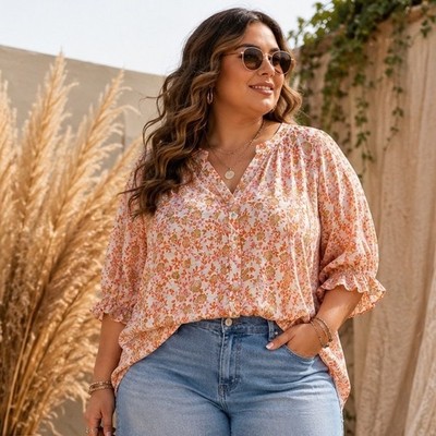 Croft & Barrow Floral Button Down Blouse Boho Peasant Cottagecore Plus 2X NEW