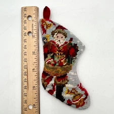 Needlepoint Santa with Bagpipes Tiny Mini Stocking 5.5”  Red Back