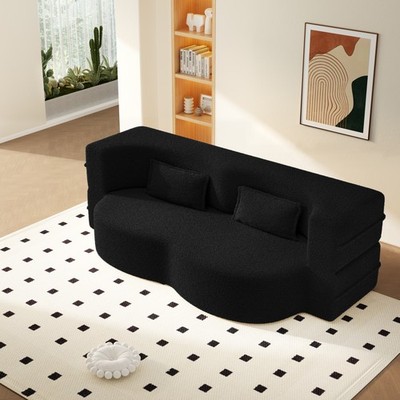 Modern Floor Sofa with 2 Pillows,Convertible Teddy Fabric Foam-Filled Sleeper S