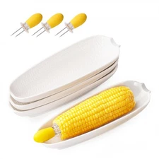 Dafuceramic Porcelain Corn Cob Holders 8.8" Corn Dishes Set of 4 White Dishes...