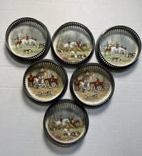 VTG Set 6 Fox Hunt equestrian Theme Pewter Rims- Stamped R.S.&Co. 73 Coasters