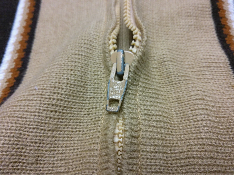 Vintage 70s Knit Zip Sweater Jacket Tan Brown Striped Mod Retro Full Zip Men S - Image 4 of 4