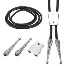 Bolo Tie Findings Kit with Slide Clasp, 2 Cord End Cap, Black Rope, Silver Tone