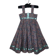 Vintage Handmade Girls Pinafore Dress 5/6 Ditsy Floral Cottagecore Prairie Green