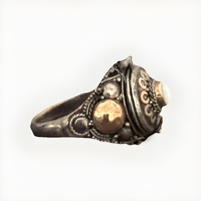 Vintage Handmade Ornate Metal Poison Ring w Pearl Accent and Hidden Compartment