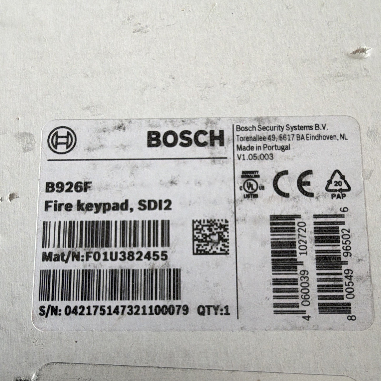 Bosch B926F SDI2 Fire Alarm Keypad Fire Alarms MPN F01U382455