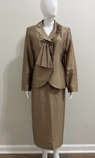 Night Studio Gold Satin Jewel Beaded Collar Jacket & Midi Skirt Suit Set Sz 12