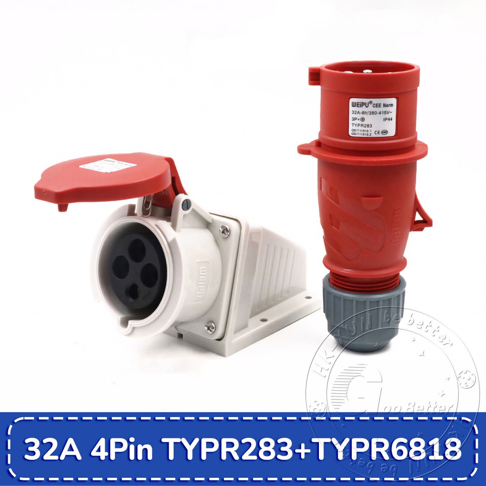 16A 32A 4 PIN RED INDUSTRIAL PLUGS & SOCKETS 3 PHASE 3P+N+E IP44 MALE ...