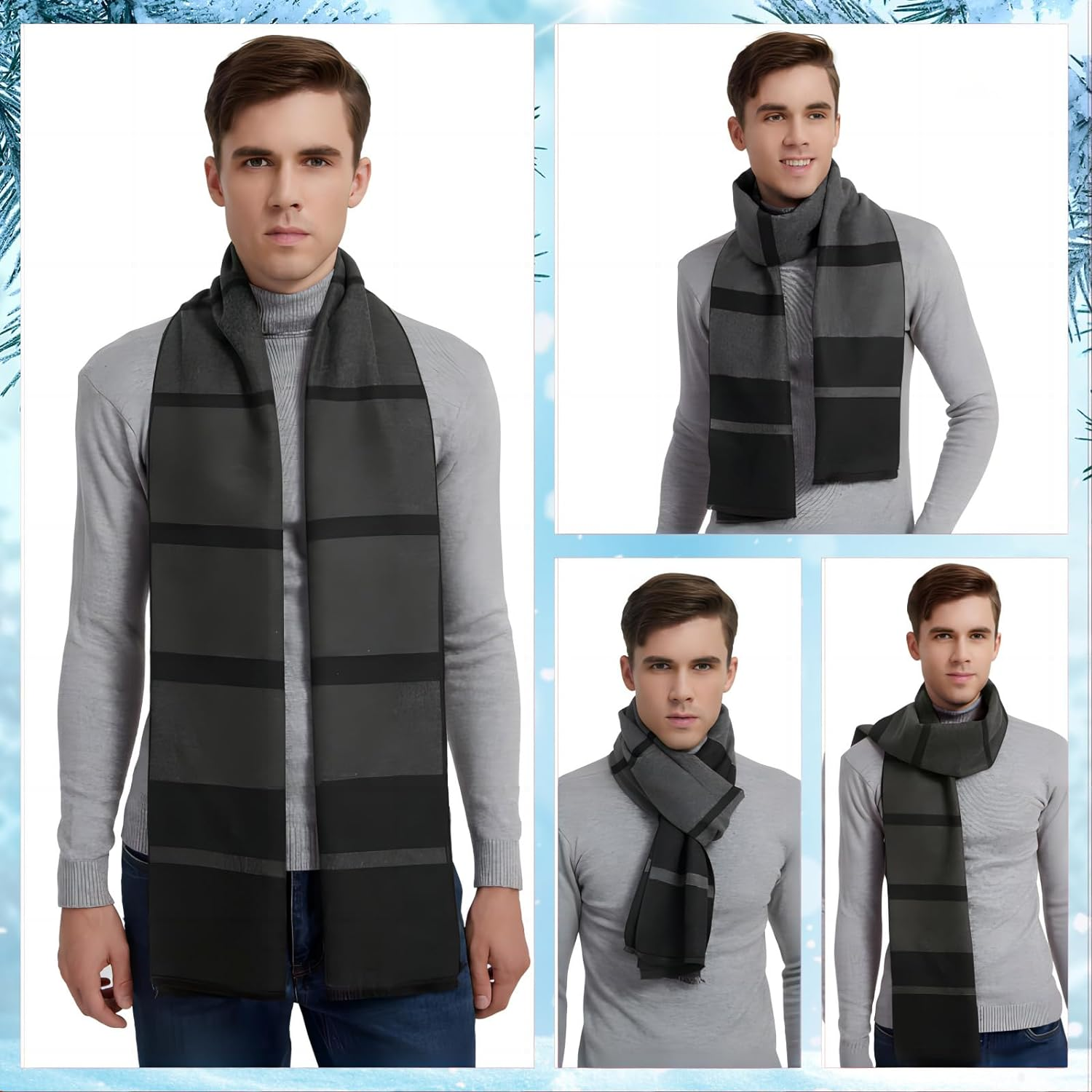 Men'S Winter Scarf, 2Pack Warm Cashmere Feel Wool Blend Tassel