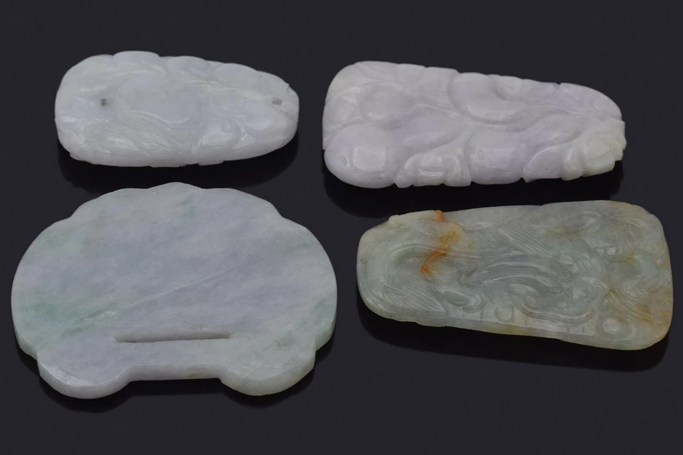 Lote de 4 colgantes vintage tallados en jade verde y lavanda fruta, dragón y cerradura Foto 2 de 4