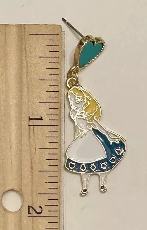 Betsey Johnson Alice In Wonderland Asymmetric Dangle Heart Stud Earrings NWT - Image 3 of 4