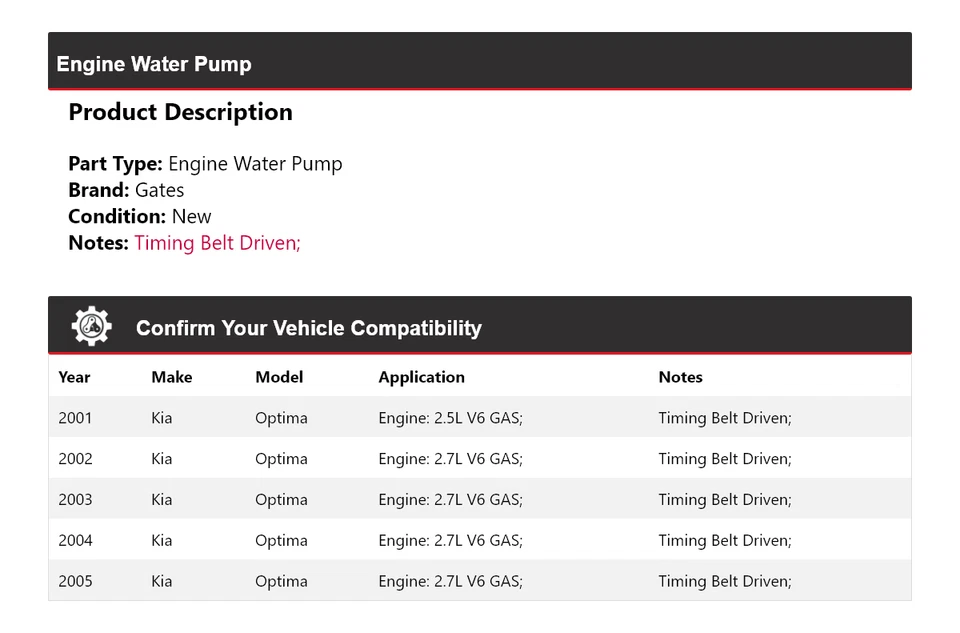Ворота водяного насоса двигателя для 2001-2005 Kia Optima 2002 2003 2004 - Изображение 2 из 4