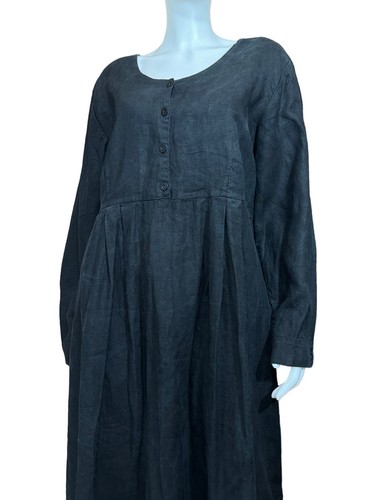 Vintage FLAX Linen Dress Size Large Long Heavy Black Pullover Box Pleated Maxi L - Picture 3 of 9