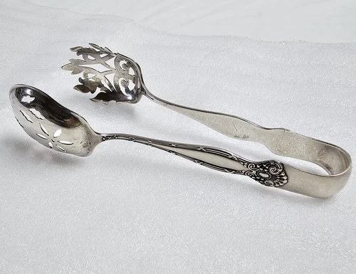Towle Sterling Silver Empire Large 7 1/4"  Ice Tongs with 1910 date Mono Pierced