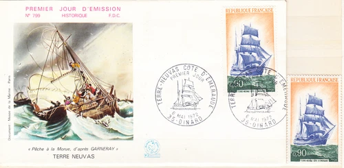 W FRANCE 1343 + 1343 FDC SHIP TERRE NEUVAS STAMP + FIRST DAY COVER
