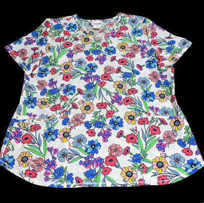 Scrubstar Sz XL Extra Large White Blue Purple Pink Flower Floral Scrub Shirt Top