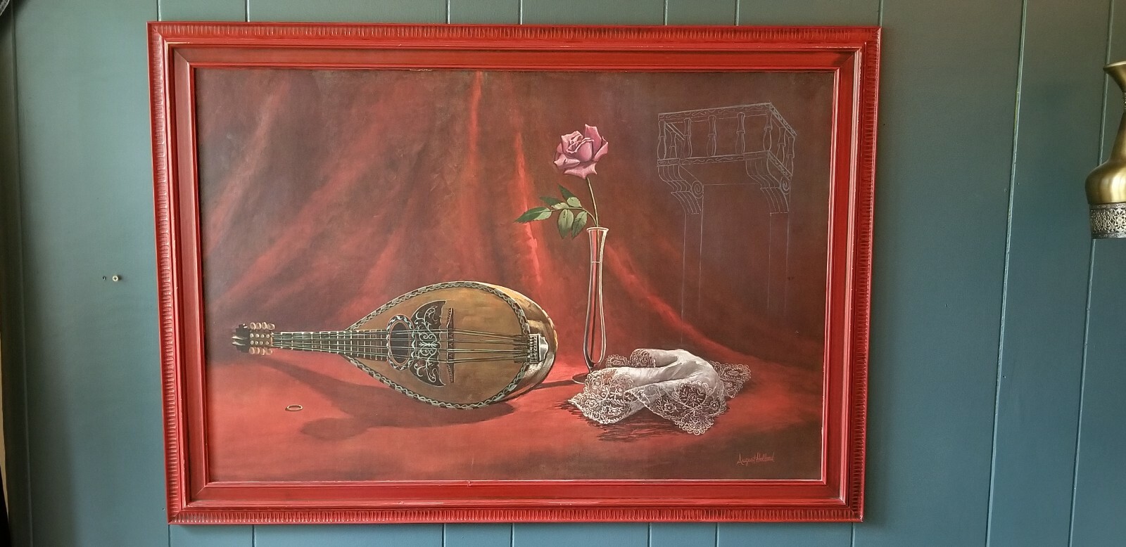 Vintage August Holland Large MCM Print Mandolin Rose Musical Instrument