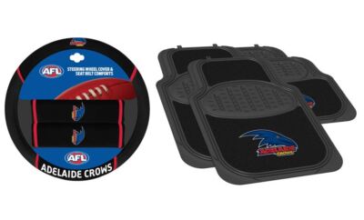 SET OF 2 ADELAIDE CROWS AFL TEAM LOGO CAR STEERING WHEEL COVER & 4 FLOOR MATS