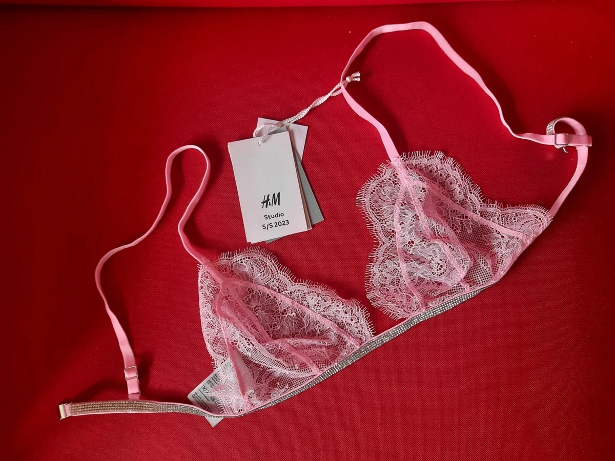 H&M STUDIO UK8 US4 EUR36 Pink Lace wirefree bralette bra RHINESTONE DETAIL  BNWT!