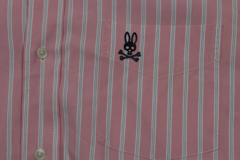 Рубашка мужская Psycho Bunny средний размер розовая белая полоса на пуговицах оксфордская с длинным рукавом - Изображение 3 из 4