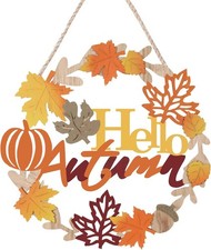 Hello Fall Sign Wooden Welcome Wreath for Front Door, Autumn Harvest Maple Leaf
