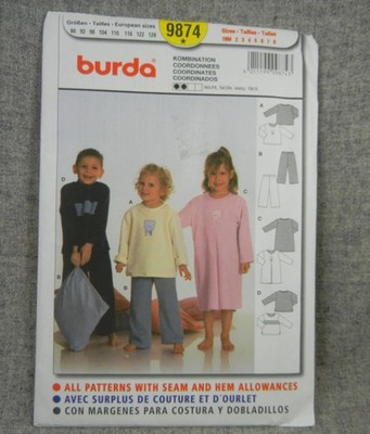 Burda 9874 Boys Girls Top Pants Nightgown Pajamas pullover size 18M-8 Uncut