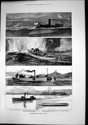 Antiker alter Druck Torpedo Kriegsführung Start Verlegung U-Boot Minen Hafen 1877