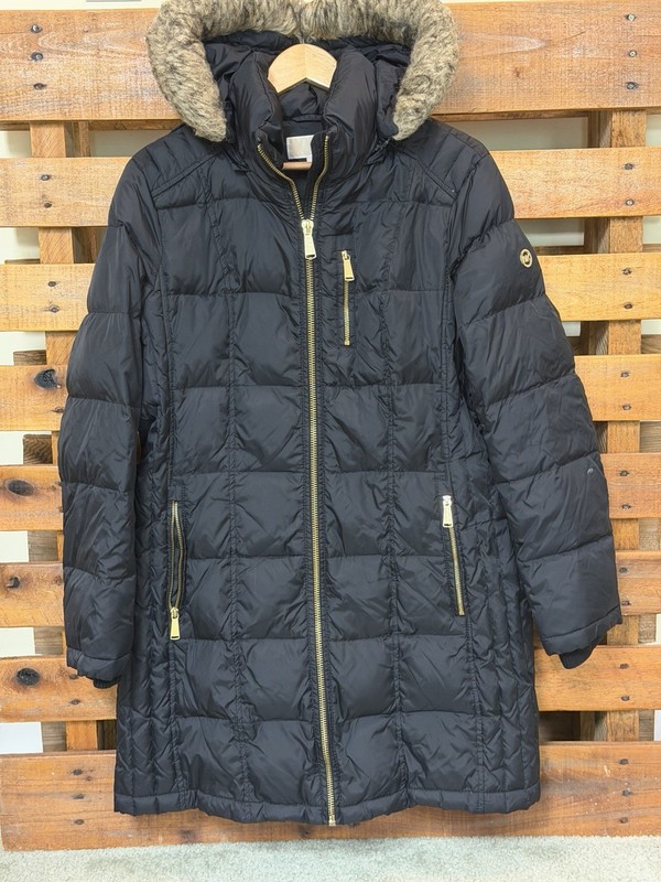 Michael Kors Women's Puffer Coat Black Faux Fur Hood Size L Long