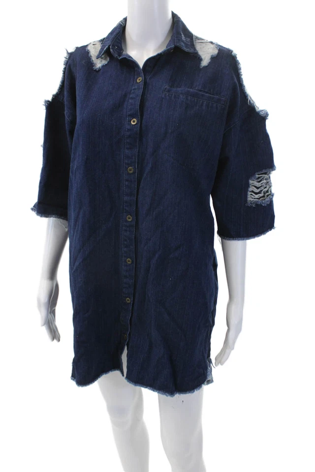 Женское платье-рубашка из искусственно состаренной джинсовой ткани с коротким рукавом Rachel Rachel Roy синее размер XS - Изображение 2 из 4