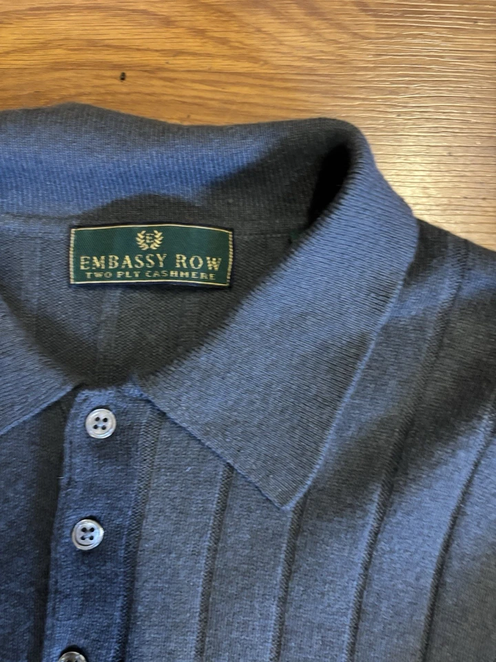 Suéter Embassy Row 100% Cachemira XL Gris Dos Capas Tejido Cuello Polo Manga Larga Foto 3 de 4