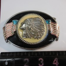 Enameled Native American Indian Chief Headdress Flag Western Belt Buckle