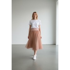 Melody Tulle Swiss Dot Midi Skirt Rose Pink Pleated Waist Elastic S