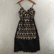 Black Lace Midi Dress Small Guipure Crochet Cutout Camisole Nude Lined Cocktail