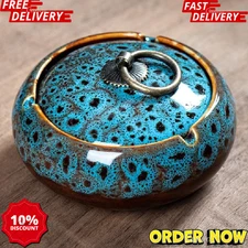 Handmade Ceramic Ashtray With Lids Windproof Ashtray Smokeless For Indoor Or