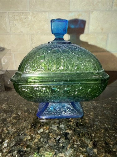 1960s Jeanette Glass carnival glass covered candy dish in a blue & green ombré