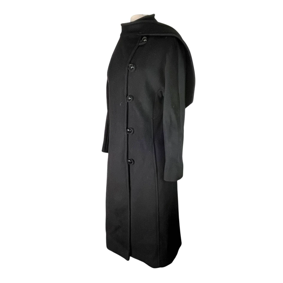 Vintage Alorna Forstmann Black Wool Asymmetrical Coat w Collar Scarf Union USA - Image 3 of 4