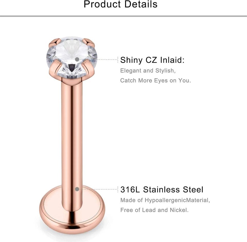 Clavo de cartílago de acero quirúrgico circonita cúbica diamante transparente 16G Tragus hélice delantera Ea Foto 2 de 3