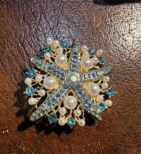 Gold Tone Blue Rhinestone and Faux Pearl Starfish Nautical Brooch Pin