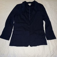 Halston Women  s Navy Blue Jacket/Blazer Linen Rayon Blend large