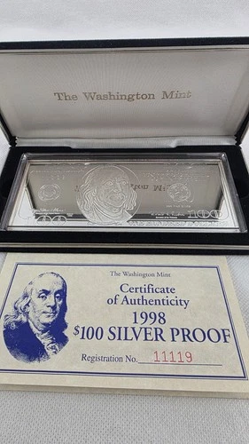 The Washington Mint 1998 $100 Quarter Pound Silver Proof Note .999 Silver 4 Troy