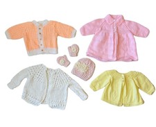 Vintage Infant Baby Girl Handmade Knit Cardigan Sweater Hat Mittens Lot 3-12 M