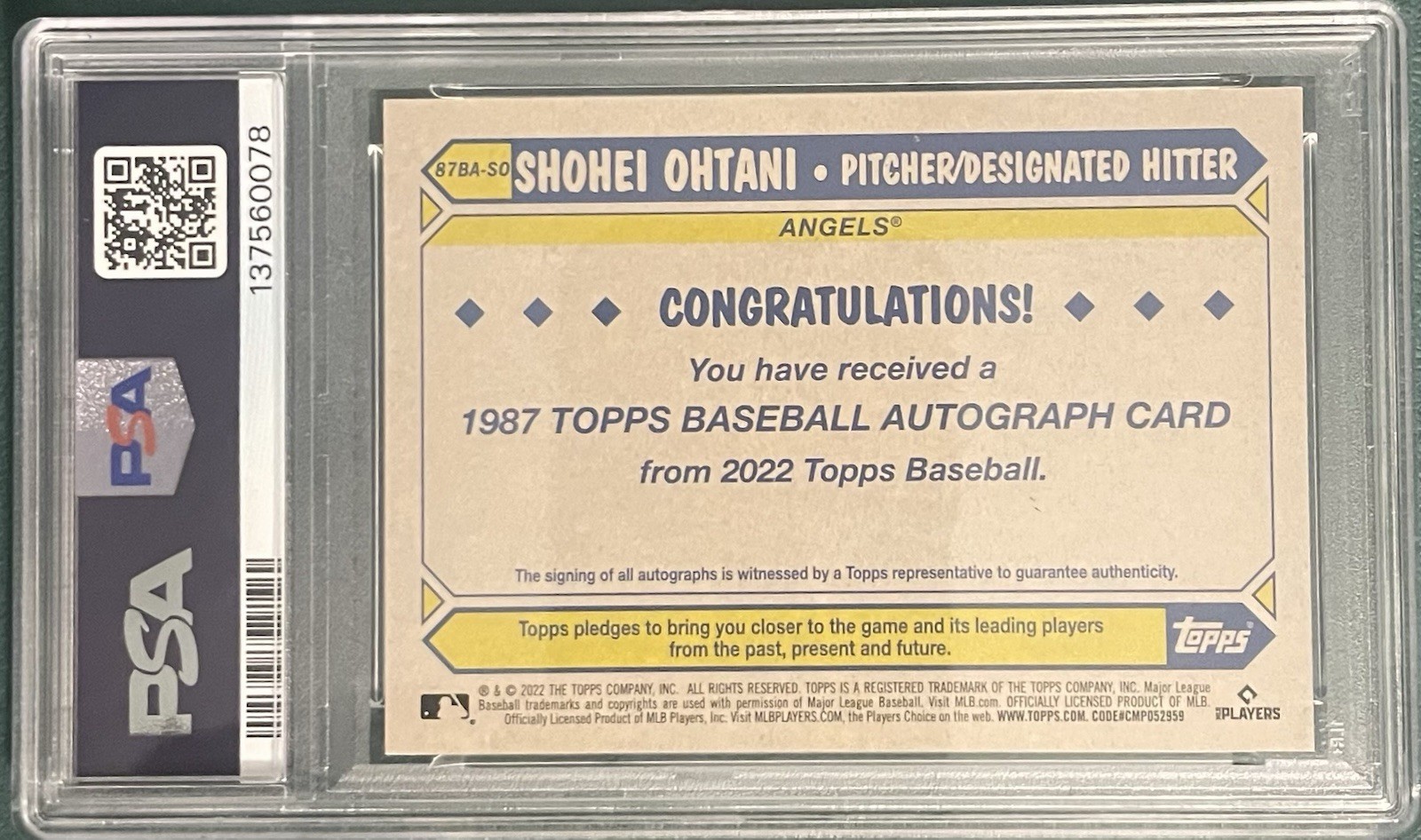 Shohei Ohtani 2022 Topps ‘87 Topps Autograph #87BASO Series 2, PSA GEM MINT 10  view 2