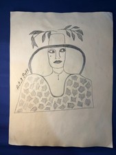 Lee Godie - painting drawing 12.5 x 9.8 in  on old paper signed stamped