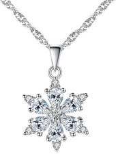 Zirconia Snowflake Pendant Necklace   925 Silver Chain, Round-Cut Zirconium Gems
