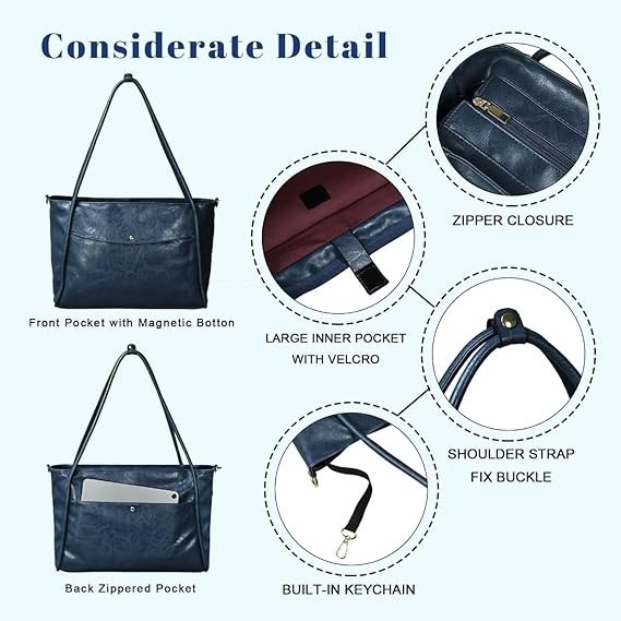 Large Tote Bag for Women with Zipper Work PU Leather Travel Purse and Handbags