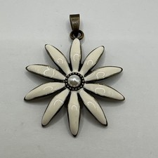 white enamel over Brass flower pendent faux pearl 1.5