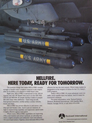 8/1991 PUB ROCKWELL MISSILE SYSTEMS HELLFIRE ANTI TANK US ARMY HELICOPTER AD