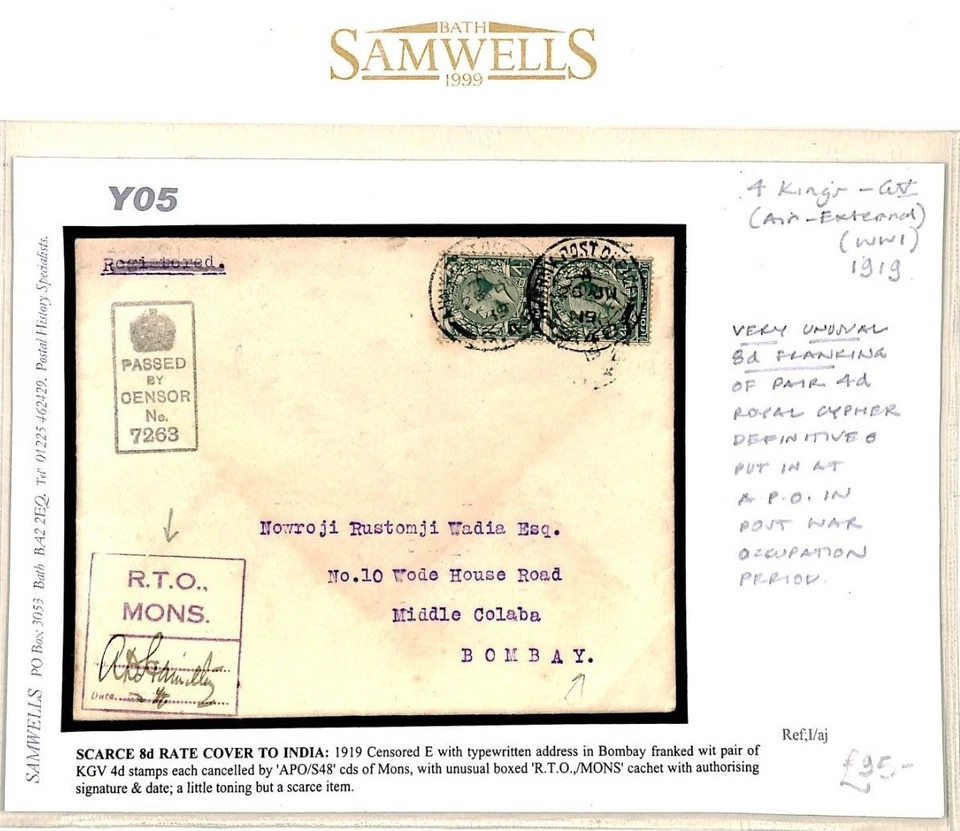 GB MILITAR INDIA CORREO 1919 Fuerzas Británicas Bélgica *RTO MONS* Cubierta de censor Y05 Foto 4 de 4
