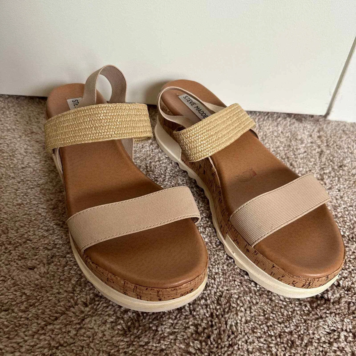Steve Madden Kabel Cork Wedge Sandals Stretch Natural Tan Color
