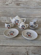 Vintage Childrens Porcelain Tea Set Pigtails Girl With Red Flowers 9 Piece Japan